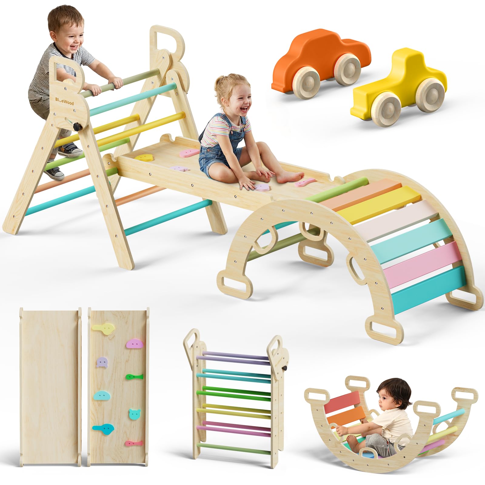 BlueWood Pikler Triangle Set 7in1 Foldable Baby Climbing Toys Wooden Montessori Climbing Set with Arch&Ramp&Ladder Baby Climber Indoor Jungle Gyms for Toddlers Montessori Toys - Rose Garden Image