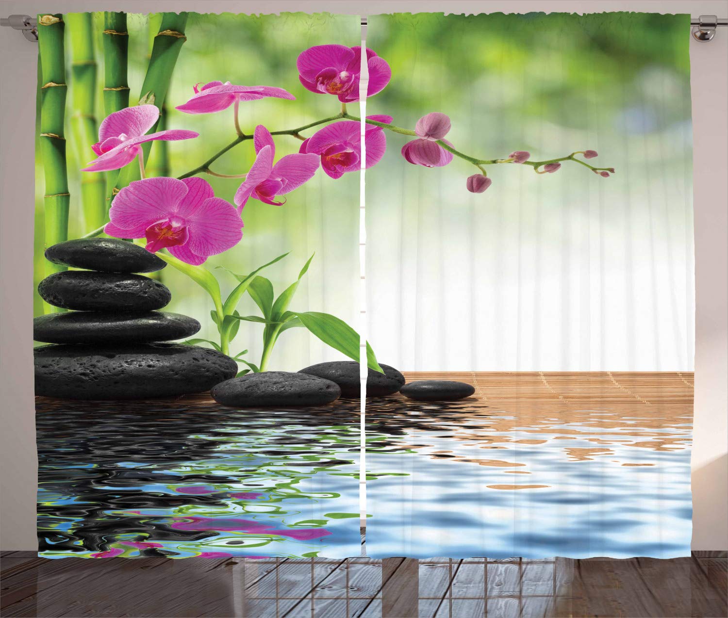 ABAKUHAUS Spa Curtains, Composition Bamboo Tree Floor Mat Orchid Stones Wellness Greenery, Living Room Bedroom Window Drapes 2 Panel Set, 280 x 225 cm, Charcoal grey lime green — image 1