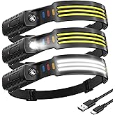 Sogdeco (3-Pack) Headlamp Rechargeable, 230° COB Wide Beam Head Lamp Headband, 5 Modes Headlight Led Head Band, Head Lights for Forehead, Waterproof Headlamps for Adults Running Hard Hat