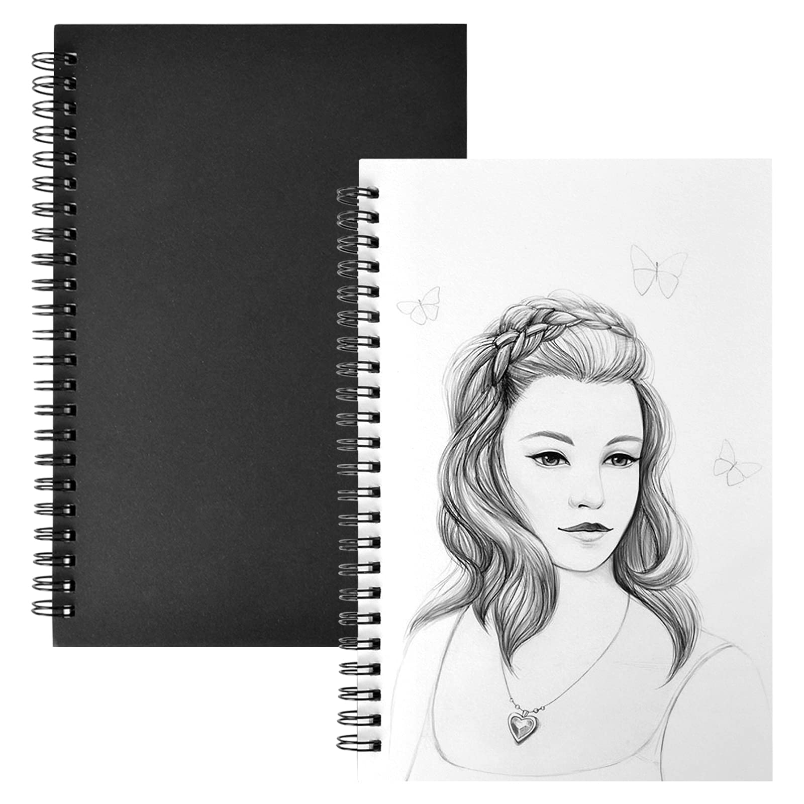 Jinlaili 2 PCS A5 Black Sketchbook, 100 Sides Blank Sketch Books, Hardback Portrait Drawing Pad, Spiral Bound Art Book for Draw or Write Notes