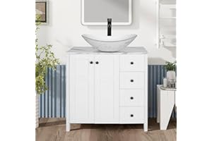 SOLIDEE 32" White Bathroom Vanity with Marble Texture Top and 4 Drawers, Modern Standing Pedestal Cabinet with Marble Boat Ceramic Sink