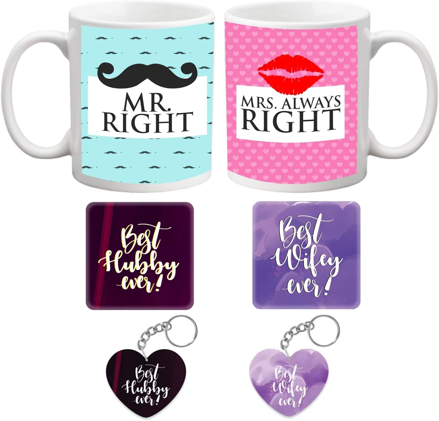 Yaya Cafe Valentine Gift Combo for Husband Wife Couple Mugs Mr Right Mrs Always Right with Coaster, Cushions (with Fillers)