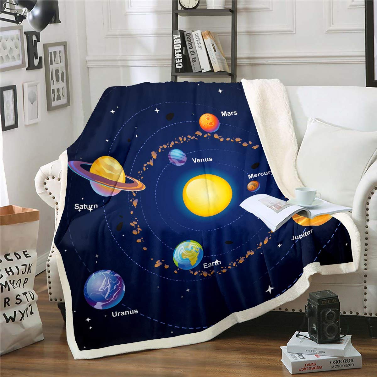 Loussiesd Solar System Fleece Throw Blanket Outer Space Theme Sherpa Blanket Universe Planets Plush Blanket Astronomy Fuzzy Blanket for Sofa Bed Couch for Kids Boys Girls Single 50x60 Inch