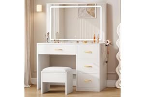 YITAHOME Vanity Desk Set with Large 35" LED Mirror and Lights, Makeup Table with 4 Drawers & Stool, 2 AC Outlets and 2 USB Ports, Adjustable Lighting, Modern Ample Storage Dressing Table, White