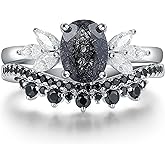 IRROYA Oval Natural Black Rutilated Quartz Celtic Knot Bridal Wedding Ring Sets with Black Gold or Platinum Plated 925 Sterling Silver, Irish Gothic Engagement Rings and Spinel Trinity Annversary Band Size 4-9