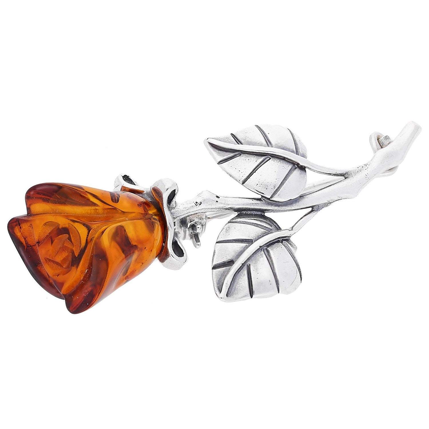 Small Single Rose Oxidised Sterling Silver Brooch Pin/Clip in Orange Amber in Vintage Style for Women Ladies - 925 Sterling Silver - Brooch Jewellery
