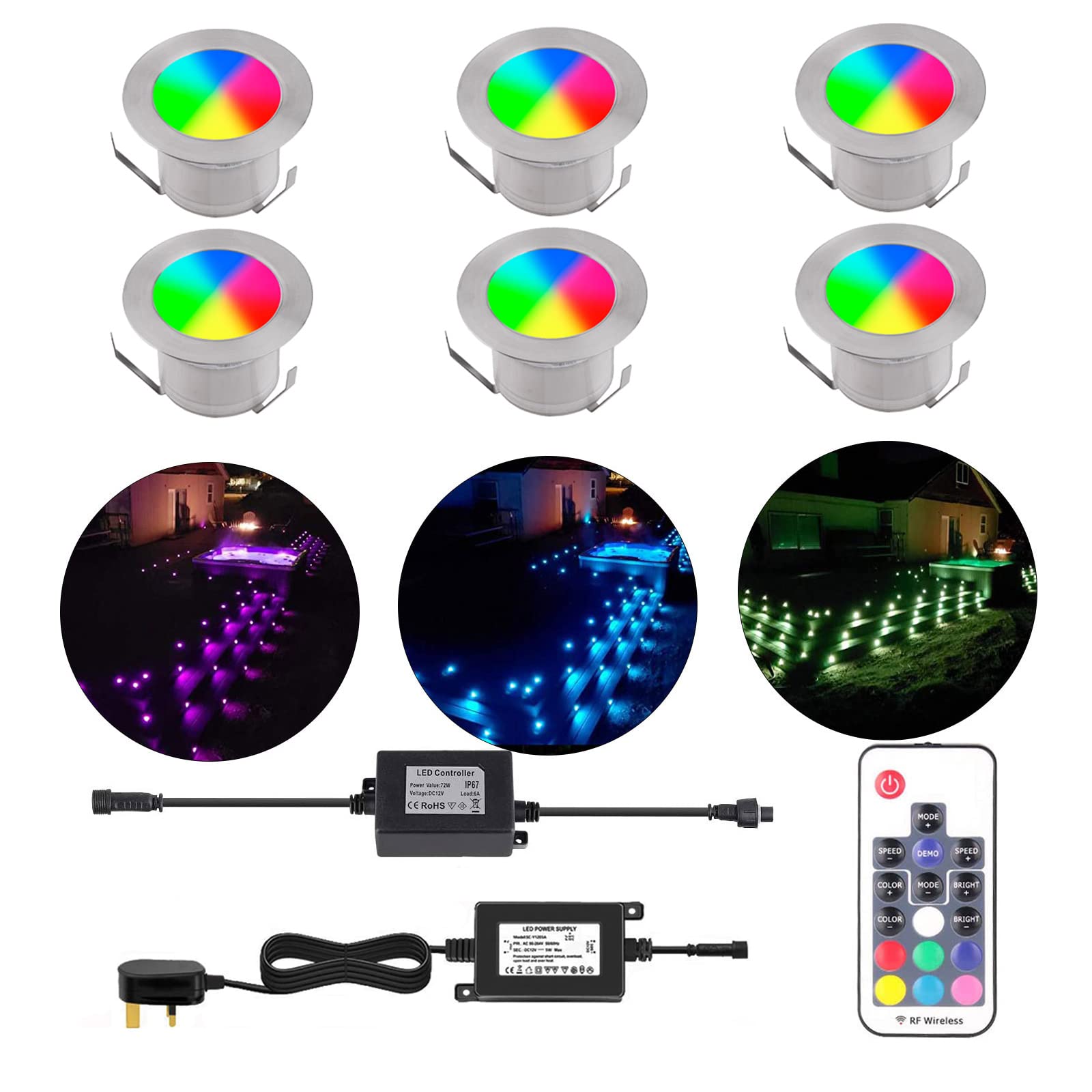 YZGWZLD Decking Lights Mains Powered 45mm RGB Color Changing Plinth LED Deck Lights IP67 Waterproof 0.5W Buried Garden Ground Light for Indoor/Outdoor Christmas Decor Light - 6 Pack…