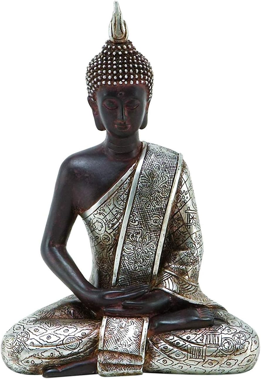 Bellaa 23293 Buddha Dhyana Mudra Meditating Sitting Blessing Statue Indoor Outdoor Garden Patio 8 inch (Silver)