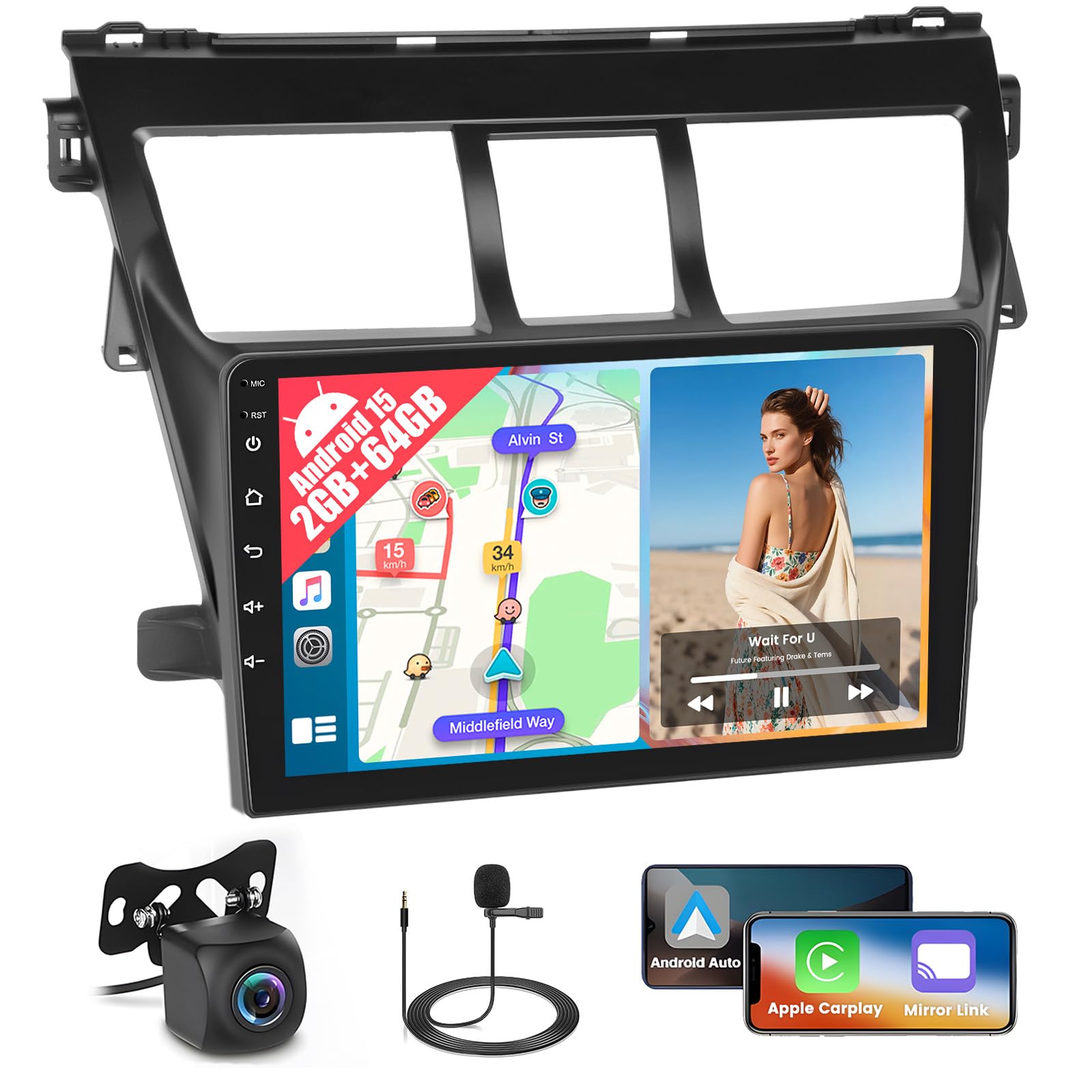 Photo 1 of [2+64GB] Realdio Android 15 Car Radio for Toyota Yaris 2007-2012 with Wireless CarPlay Android Auto, 9 Inch Touch Screen Car Stereo for Yaris with WiFi GPS Navi Bluetooth EQ 26UI AHD Backup Camera