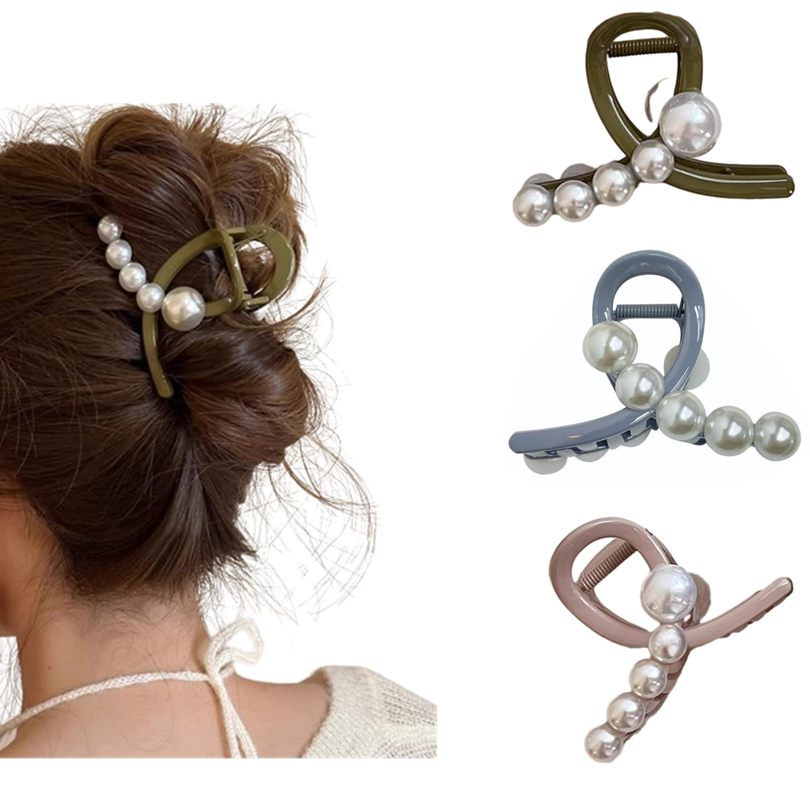 3Pcs Pearl Claw Clip, Non Slip Hair Claw, Short Strong Hair Claws, Colorful Hair Clips for Women Girls Claws (Pack of 3)