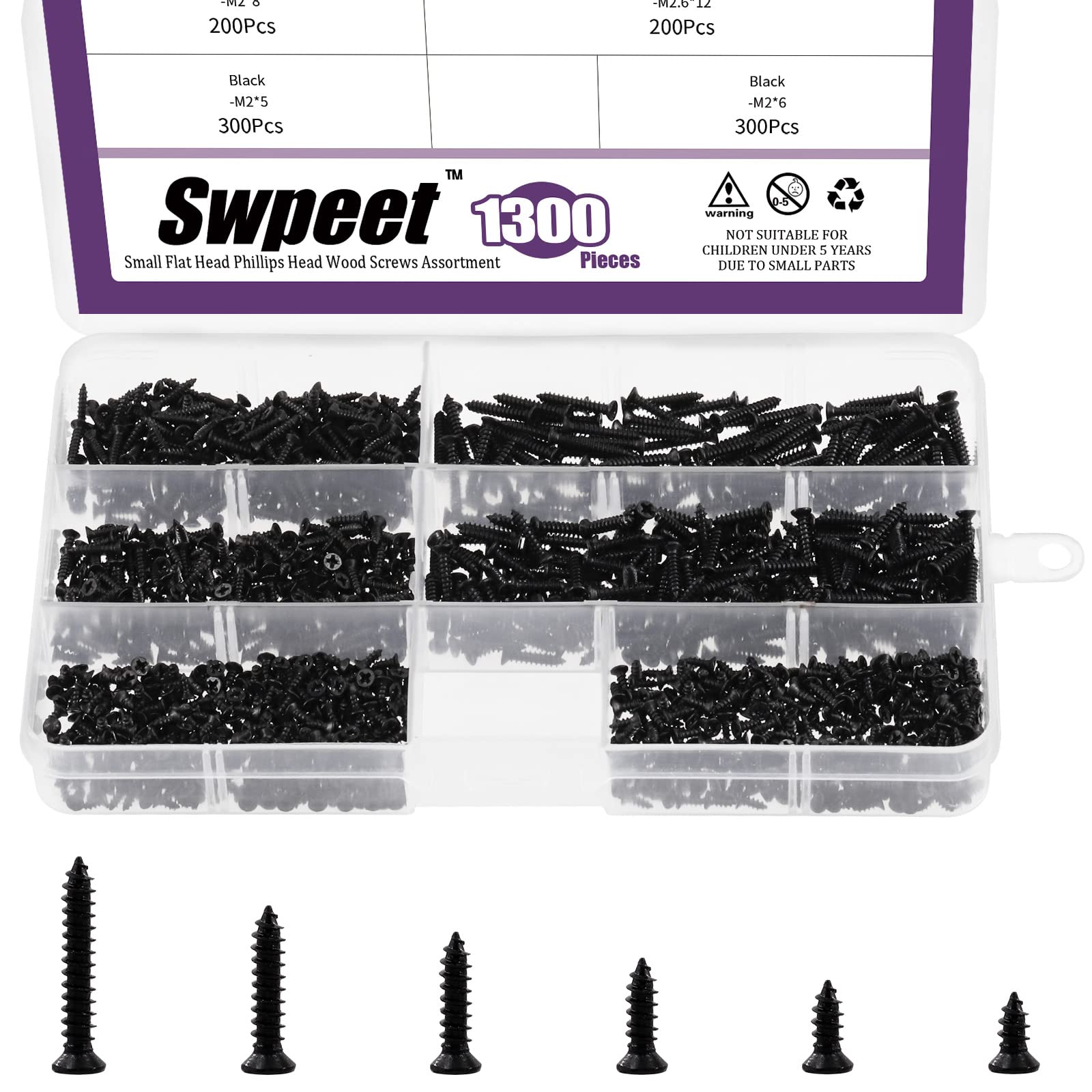 Swpeet 1295Pcs 5mm 6mm 8mm 10mm 12mm 16mm Small Wood Screws Assortment Kit, Self Drilling Flat Cross Head Screws Self Tapping Screws Metal Screws Furniture Screws (Black)