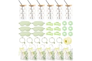 Vesici 42 Pcs Spa Sleepover Party Supplies Bulk 6 Sets Birthday Gifts for Women Christmas Party Supplies Glass Cup, Eye Mask, Hair Ties, Hair Clips, Bracelet, Tote Bag, Ribbon(Green,Daisies)