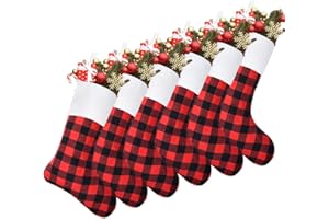 Senneny 6 Pack Christmas Stockings- 18 Inch Red Black Buffalo Plaid Christmas Stockings Fireplace Hanging Stockings for Family Xmas Holiday Season Party Decor