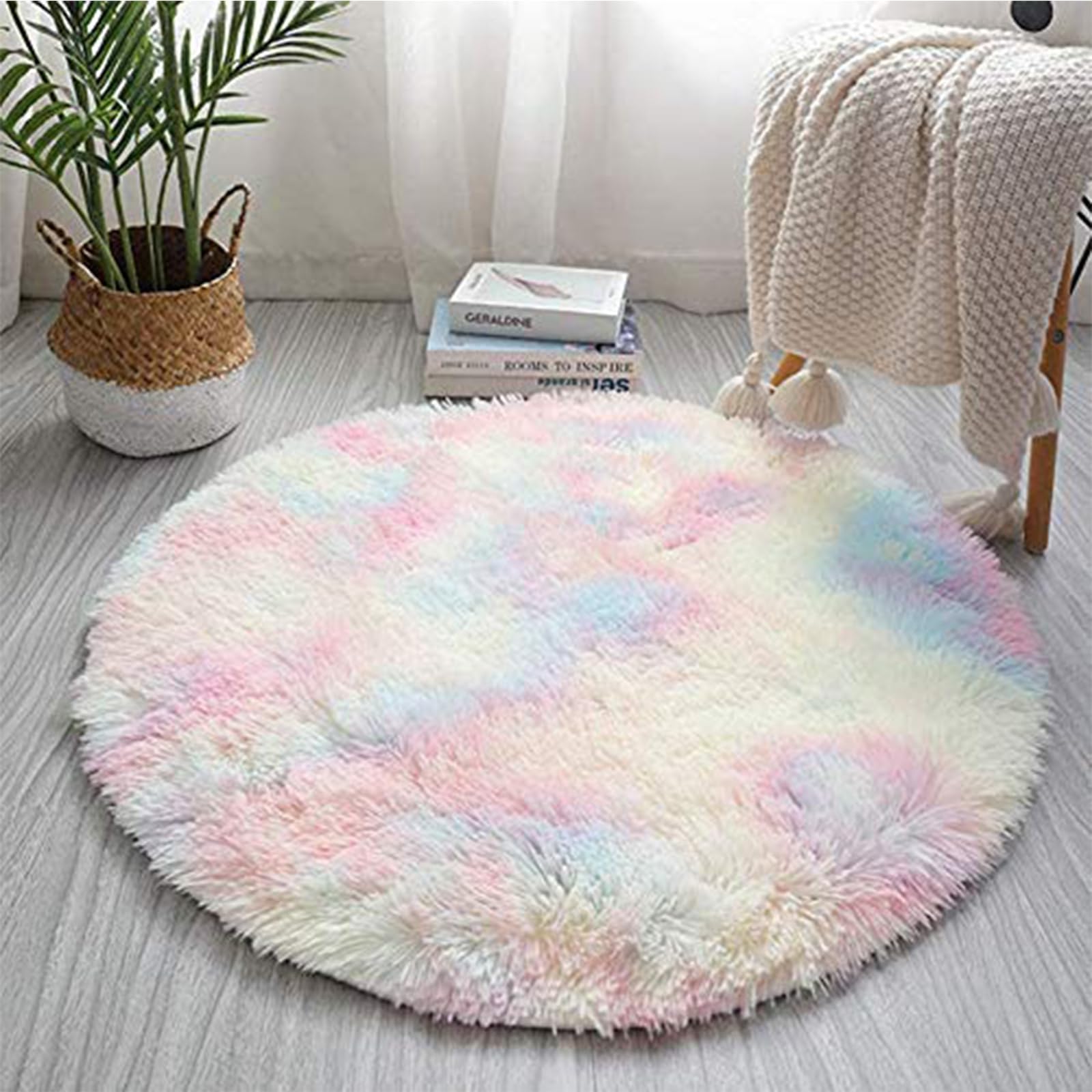 FBARTL Round Fluffy Rainbow Area Rugs for Girls Room, Modern Fluffy Colorful Rugs Cute Floor Carpets, Shaggy Circel Playing Mat for Kids Baby Girls Bedroom Nursery Home Decor（120cm*120cm）