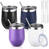 12oz/4 Pack Wine Tumbler with lid, Stainless Steel Travel Mugs Stemless Double Wall Insulated Coffee Cup, Insulated Wine Glasses Travel Tumbler for Cold & Hot Drinks(Mixed color-1, 4)