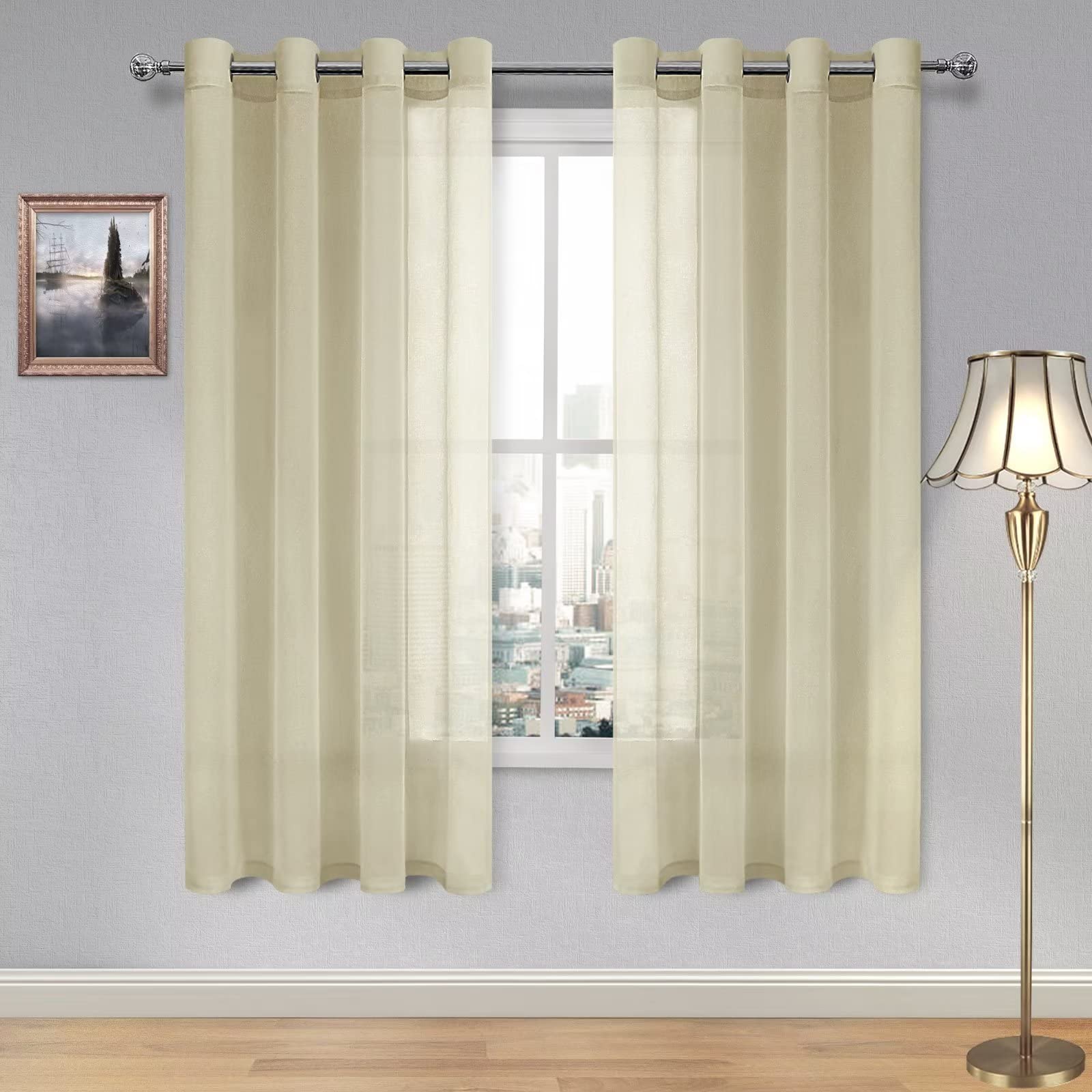 DWCN Beige Sheer Curtains 84 Drop Textured Semi Transparent Eyelet Top Decorative Voile Curtain for Living Bedroom, 52" Wide x 84" Drop, 2 Panels
