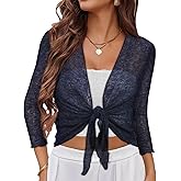 Women Crop Cardigan Sheer Mesh Bolero Shrug for Dress Tie Front 3/4 Sleeve Tops