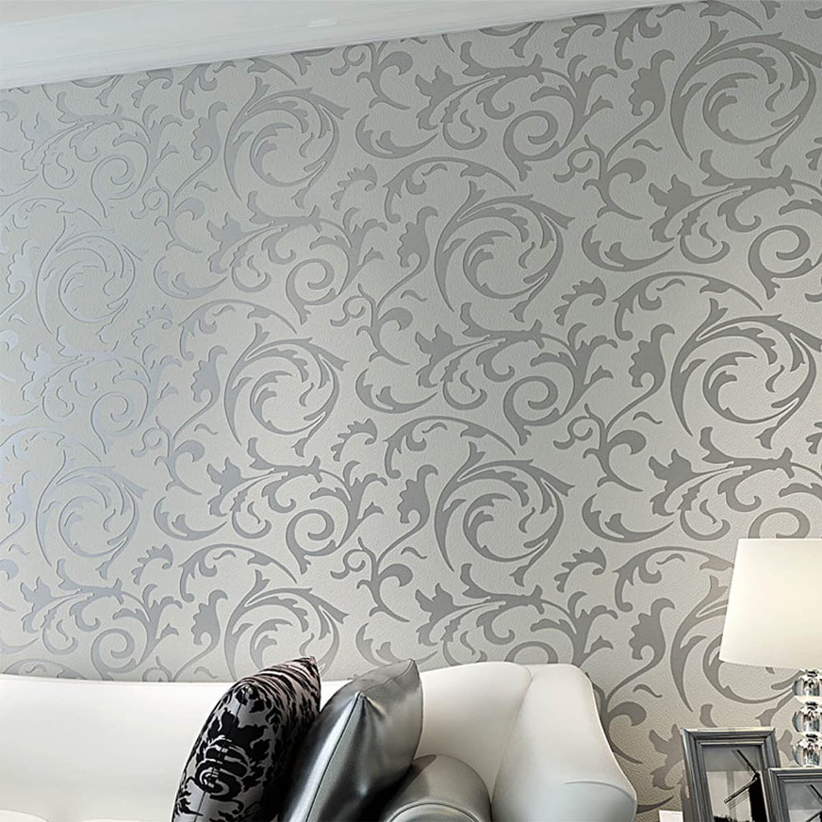 Warmiehomy Non-Woven Wallpaper Vintage Flower Pattern Damask Embossed Wallpaper Glitter 53cm x 10m Silver Grey for Living Room Bedroom — image 1