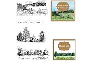 3 PCS Trees Grass Background Clear Stamps for Card Making and Photo Album Decorations, Mountain Silicone Rubber Stamps Seal f