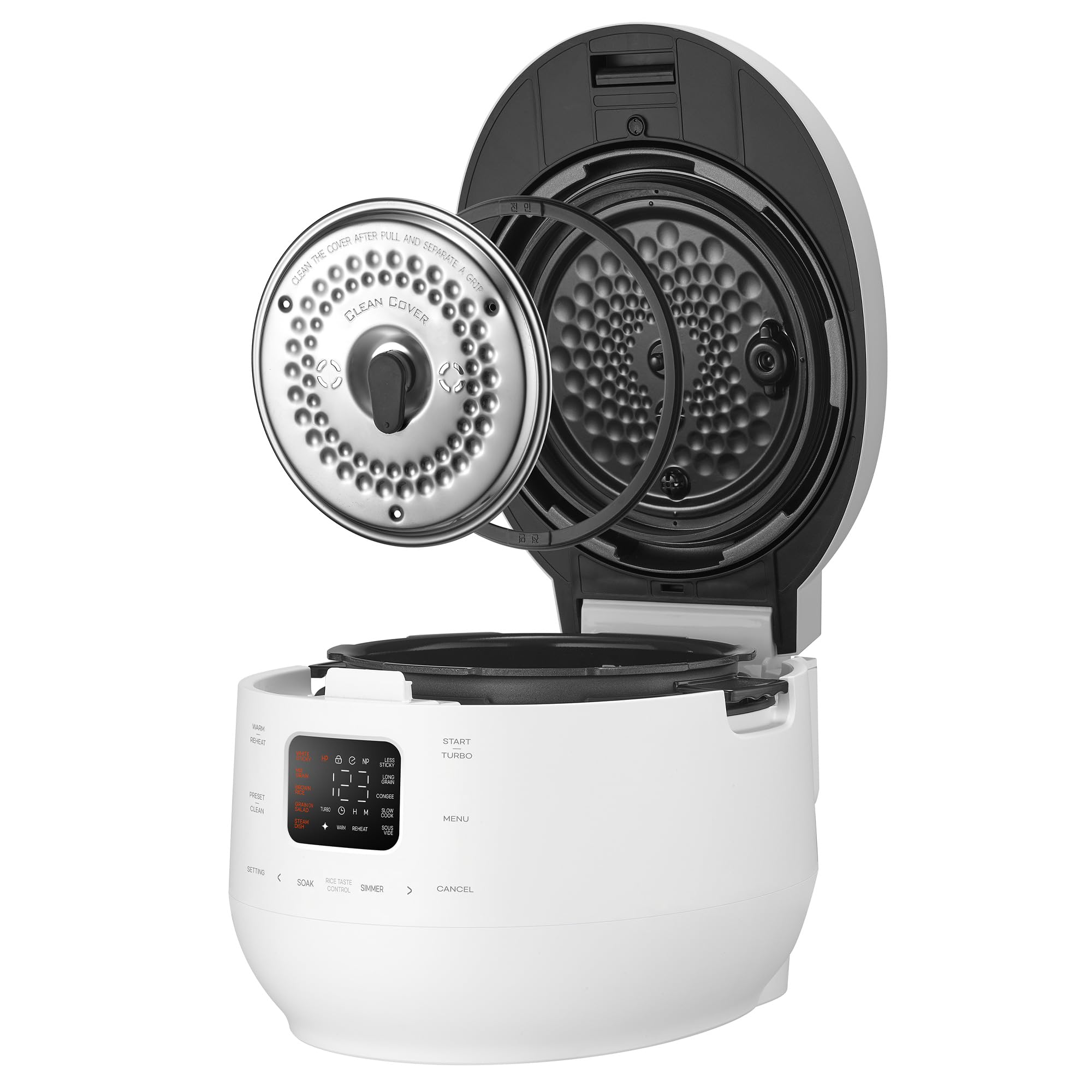 CUCHEN CRS-FWK0640WUS | Automatic Dual Heating Pressure Rice Cooker 6 Cup (Uncooked) (1.14 quarts): 6 person serving / per use | High/Non-Pressure | Triple Power Packing | Easy Open Handle | Stainless Cover | Auto Steam Clean | White