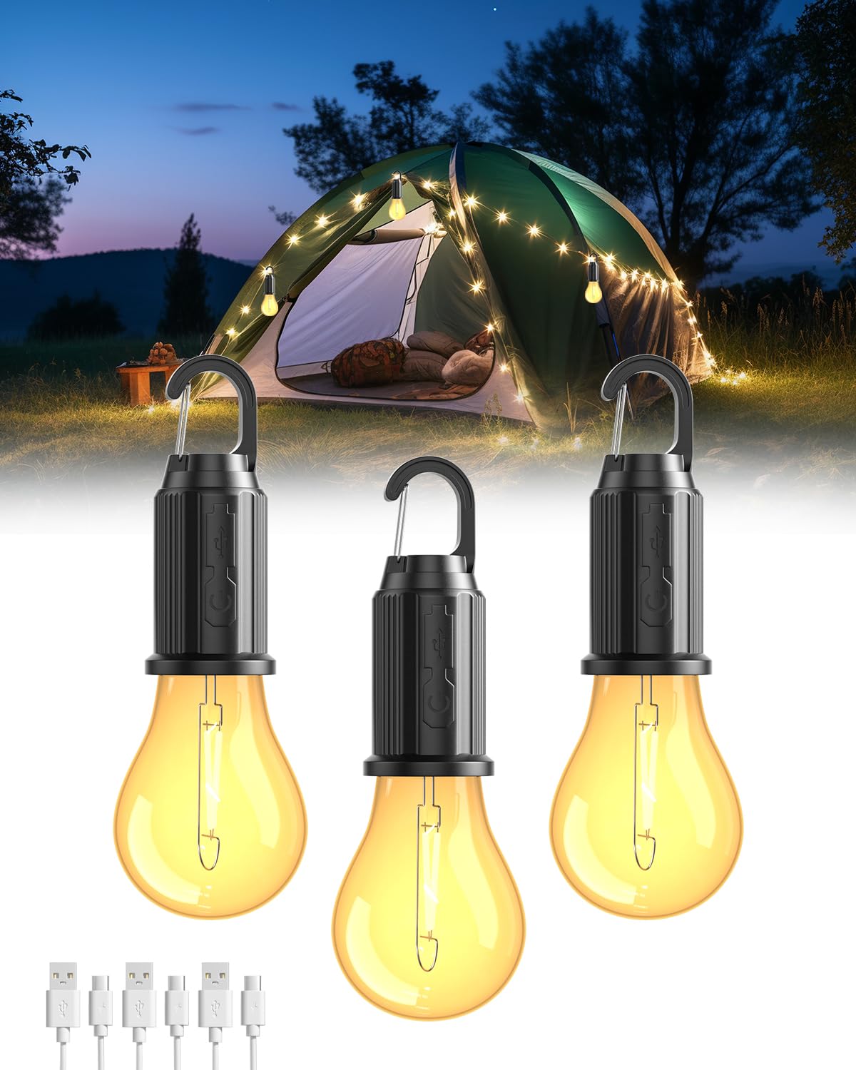 BrightArk Rechargeable Camping Light, Waterproof Tent Lights for Camping 3 Lighting Modes Camping Lights Lanterns Camping Lamp for Tent, Camping, Hiking, Fishing, Backpacking, Emergency Light, 3PCS