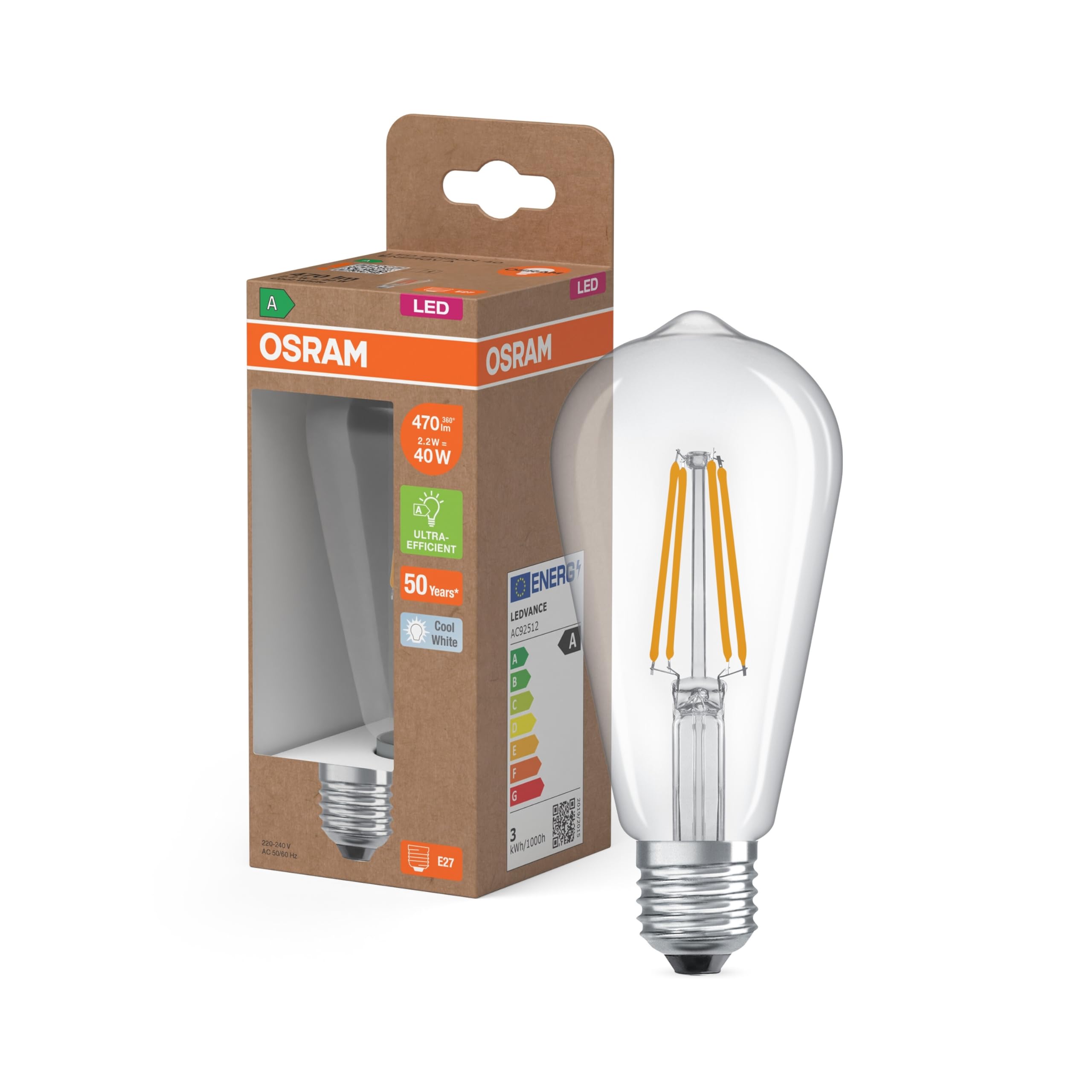 OSRAM Classic Globe Shape, with Decorative LED Filament in Frosted Design, A, E27, 7.2W, 1521lm, 4000K, Cool White, no Heating, 100% Light Immediately.