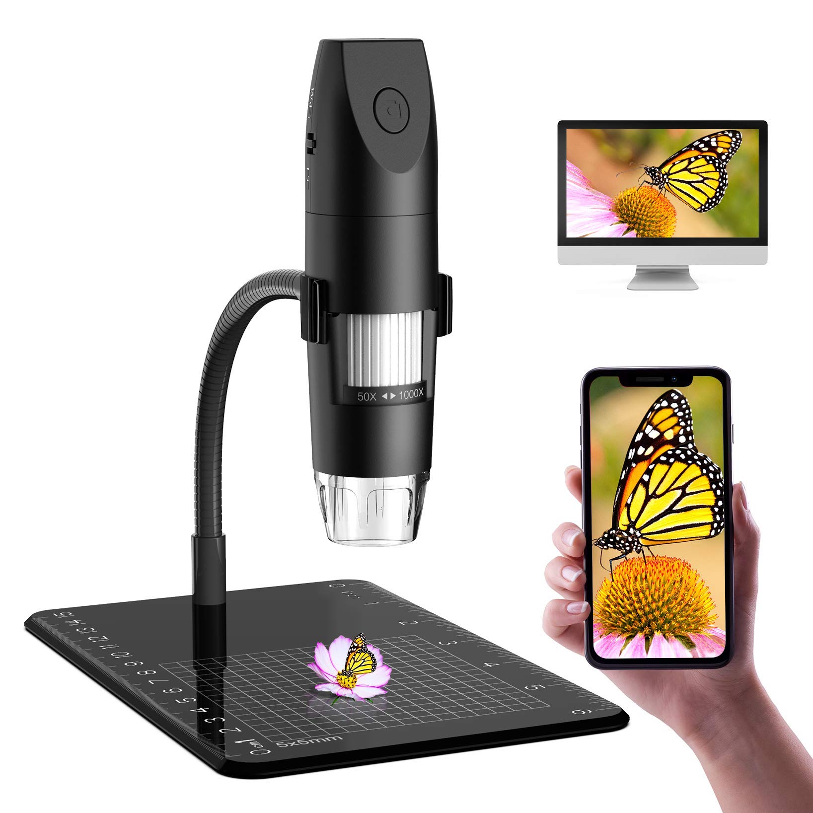 SKYBASIC Wireless Digital Microscope, Mini Pocket Handheld WiFi USB 50x to 1000x Magnification Microscope Camera 8 LED HD 1080P Compatible with Android Smartphone, iPhone, Tablet, Windows Mac-Black