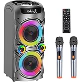 TYOTY Karaoke Machine with 2 Wireless Microphones, Portable PA System Big Bluetooth Speaker with LED Lights, Remote Control Support Bass/Treble Adjustment, TF Card/USB, REC for Adult Kids Home Party