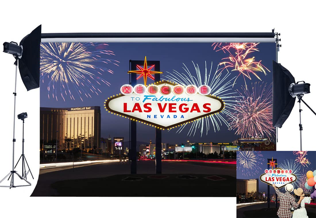 Haosphoto 7X5FT/210X150cm Welcome to Las Vegas Backdrop Fancy Fireworks Cityscape Night View Nevada Backdrops for Photography Blue Sky Shining Road Lamps Vinyl Photo Background Studio Props CA497