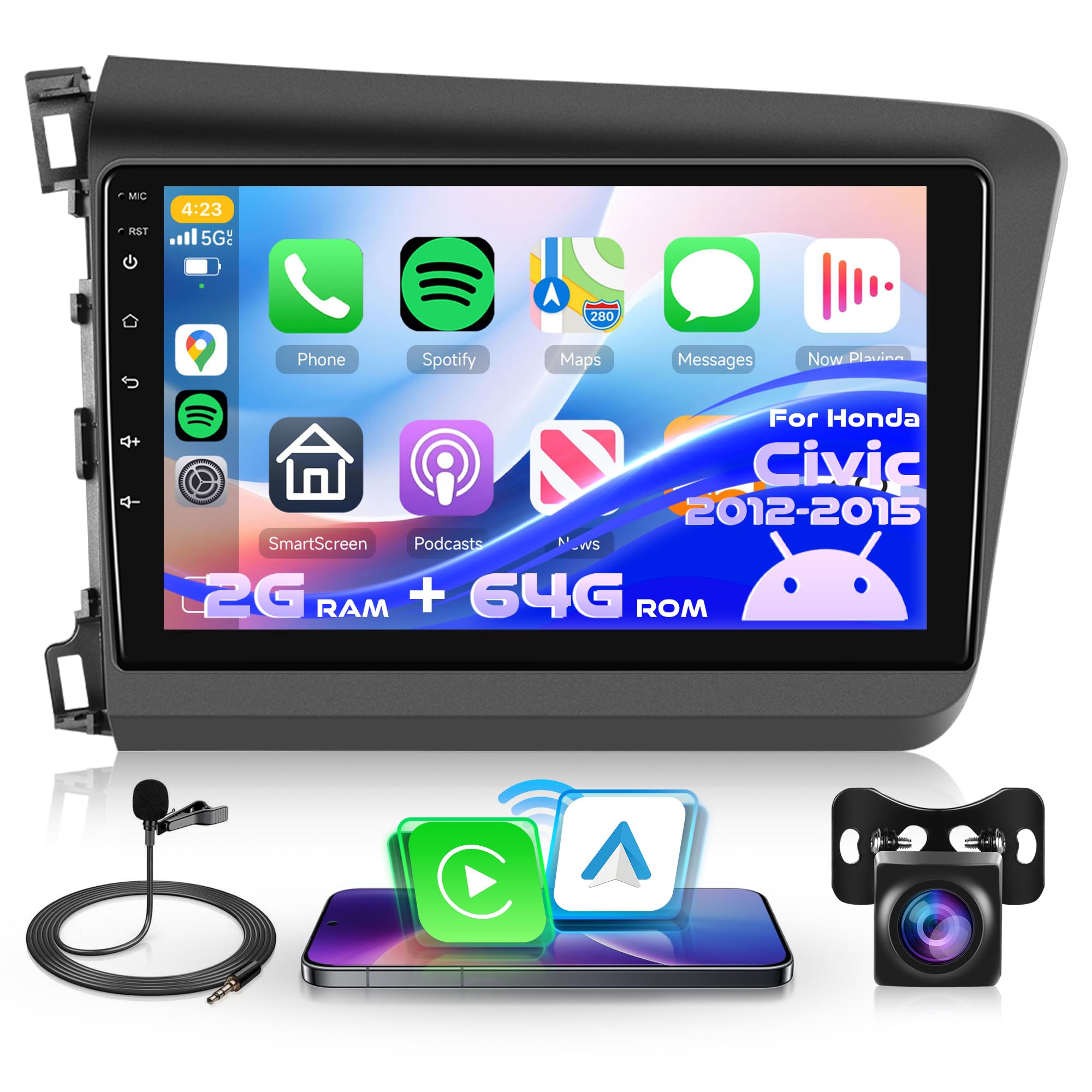 Photo 1 of 2+64G Android 13 Car Stereo for Honda Civic 2012 2013 2014 2015 with Wireless Carplay Android Auto Car Radio, 9’’ Touch Screen Head Unit with Mirror Link WIFI GPS Bluetooth FM/RDS EQ Backup Camera SWC