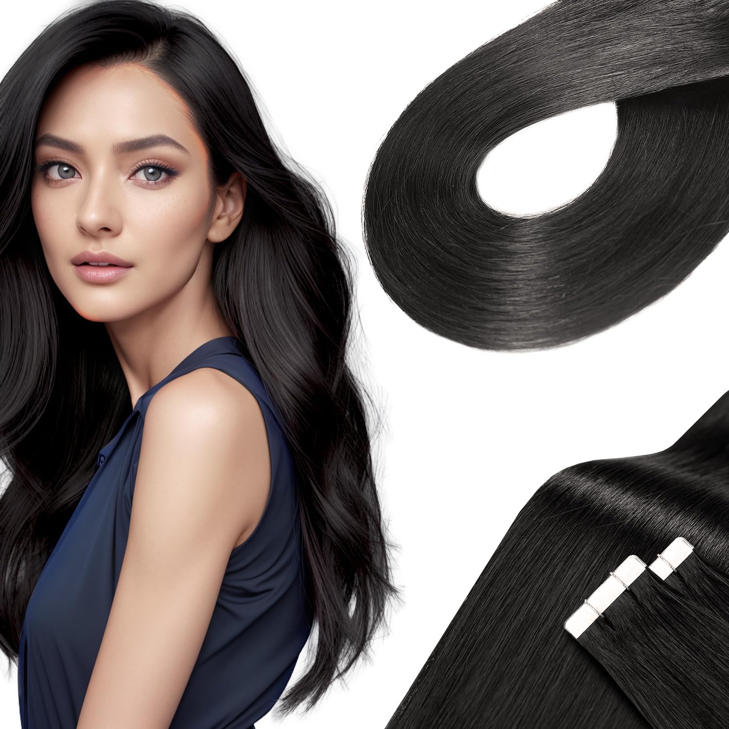 LieblichWelle Tape in Hair Extensions Human Hair Off Black 22 inch, 20pcs, 50g/Pack - Salon-Grade Quality, Easy Comfort Wear for Young Women (Off Black, 22 inch)