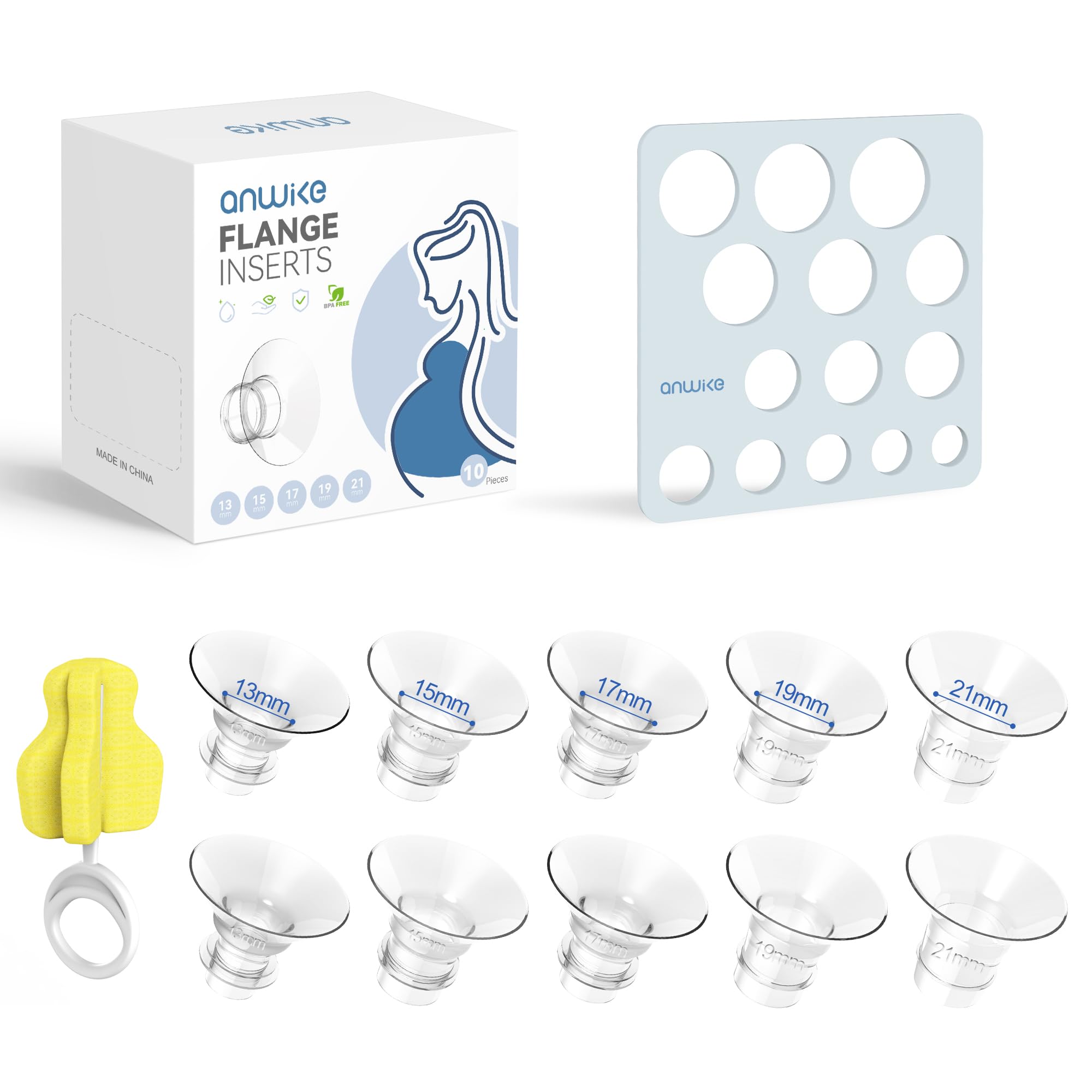 Photo 1 of ANWIKE 10PCS Flange Sizing Kit, Silicone Flange Inserts 13/15/17/19/21mm &Nipple Ruler&Cleaning Brush 24mm Flange/Shield, Compatible with Momcozy S9/S9pro/S10/S12/S12pro /Medela/Elvie