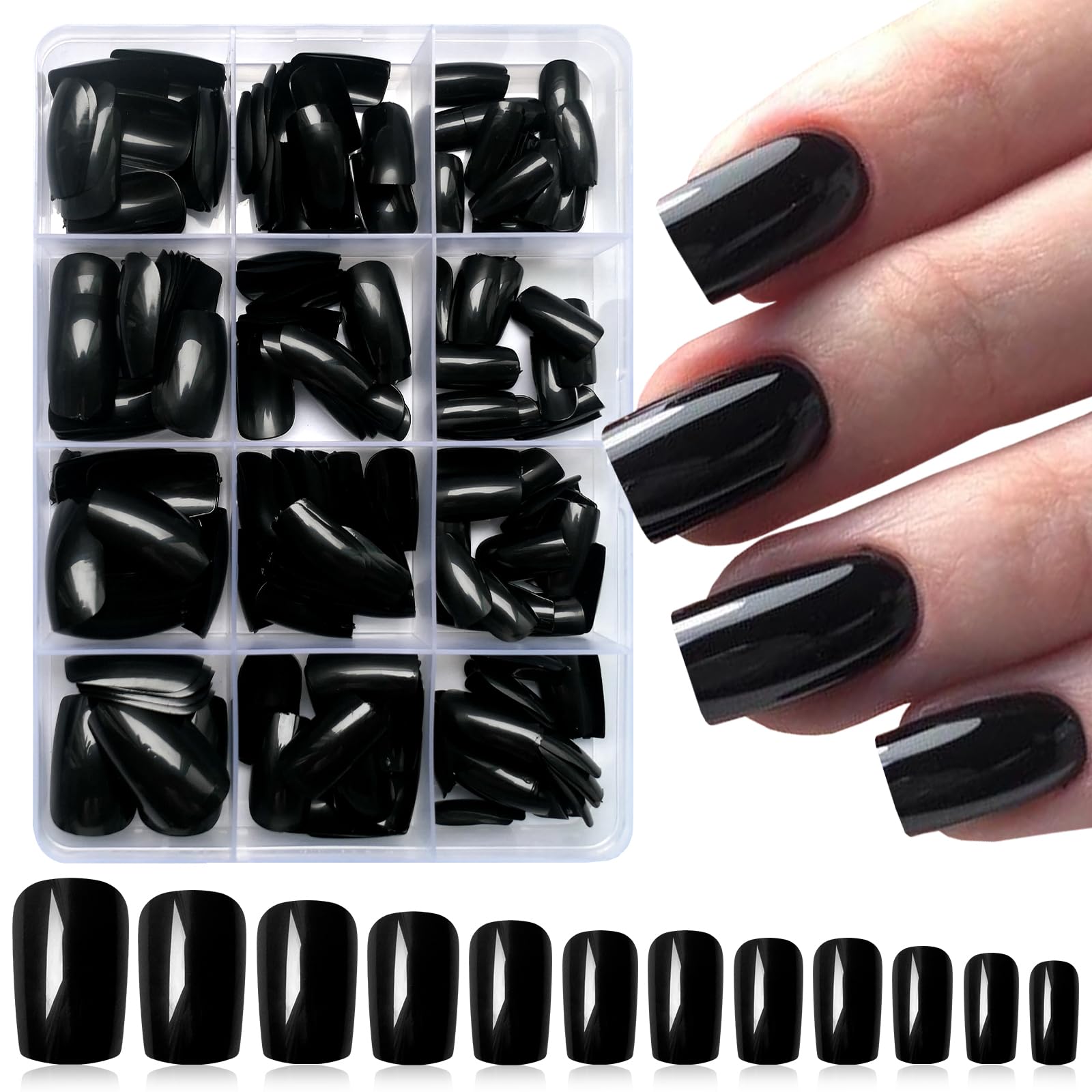 LoveOurHome 240pc Black Press on Nails Medium Square Fake Nails Press ons Square Nail Tips Gel False Nails Colored Presson Artificial Fingernails & Glue Adhesive Tabs Women Girls Manicure Decor