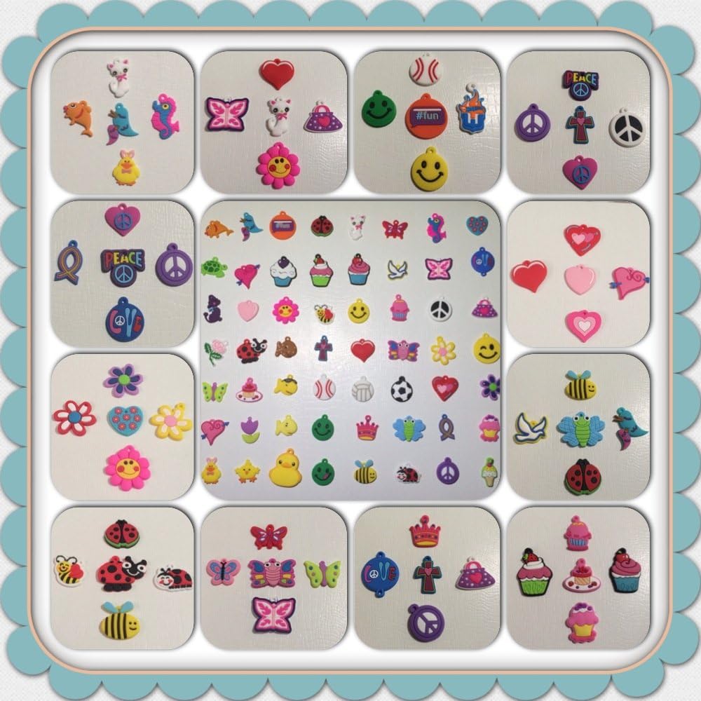 Craze Bands & More 24 High Quality Rainbow Rubber Charms with NO Duplicate random picked from 70+ Style for All Rubber Bands Loom projects Boy Girl Jump Rings