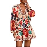 RoseSeek Women's Boho Floral V Neck Mini Dresses Bishop Sleeve Tie Open Back Tropical Dress