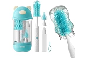 TOHECU Electric Bottle Brush Cleaner Set, Bear-Shaped Travel Baby Bottle Cleaner Kit with Silicone Nipple & Straw Brush, Soap Dispenser, Drainage Rack, Storage Box(Blue)