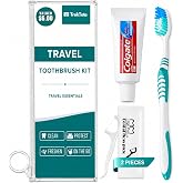 Travel Toothpaste And Toothbrush Kit with Name Brand Travel Size Toiletries | Travel Size Toothbrush And Toothpaste Set, Two Dental Floss In A TSA Approved Clear Bag. Mini Travel Essentials
