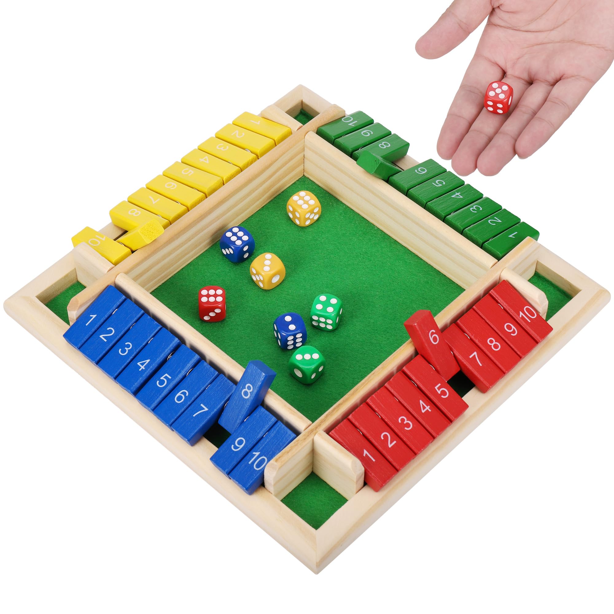 Starvortex Shut the Box - Premium Wooden 4 Player Dice Game with Educational Math and Puzzle Elements, 8 Colorful Dice for Holiday Fun