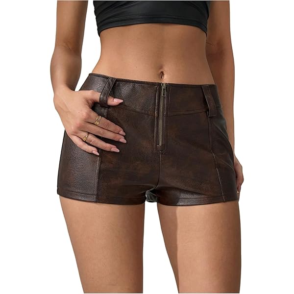 Linjinx Women's Faux Leather Low Waist Skinny Shorts Wide Straight
