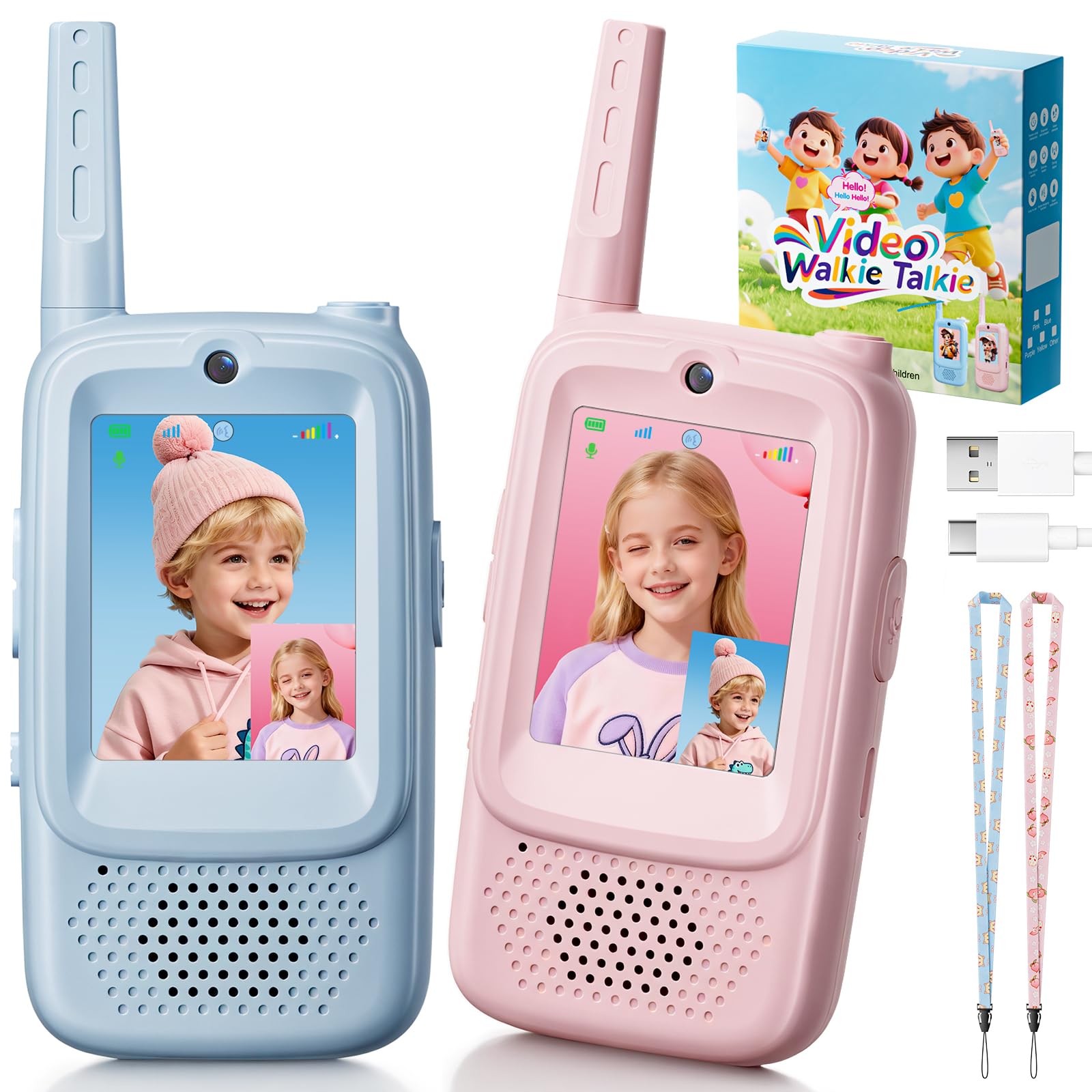 Video Walkie Talkies for Kids, 2 Pack Rechargeable Video Intercom Kids Walkie Talkies with Voice Changer, 1000 Feet Range, Gift Toys for Outdoor Play, Camping, Hiking for Boys Girls Ages 3-12