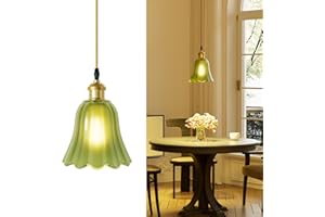 PopoIron Pendant Light with Vintage Green Glass Petal Lampshade,Height-Adjustable Pendant Lamp Hanging Light for Kitchen Island Dining Room,Dimmable Farmhouse Elegant Island Light with Bulb Hardwired