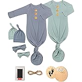2Pk Newborn Baby Knotted Gowns, Soft Sleeper Coming Home Outfit with Hello World Announcement Sign & Ink Pad for Baby Birth