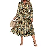 CARCOS Plus Size Dresses for Curvy Women Collared Vneck Long Sleeve Dresses Midi Fall Winter Dress with Pocket XL-5XL