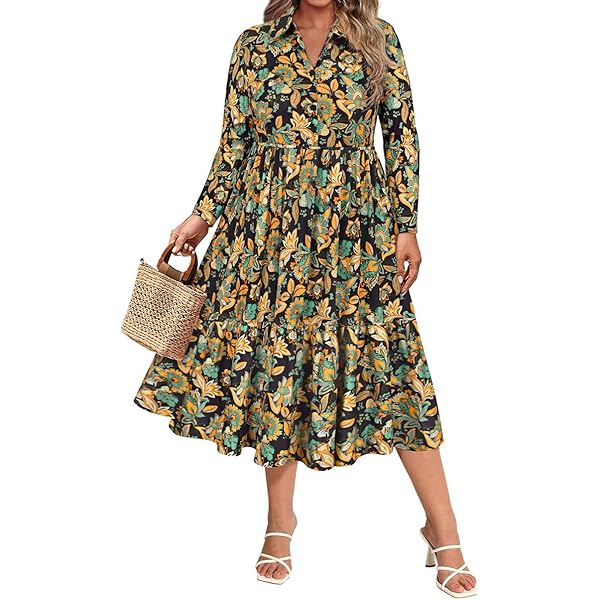 Agnes Orinda Plus Size Womens Polo Long Sleeve Belted Midi Dress Flowy  Floral Pattern Dress with Pockets Casual Work Beige 1X at Amazon Women's  Clothing store
