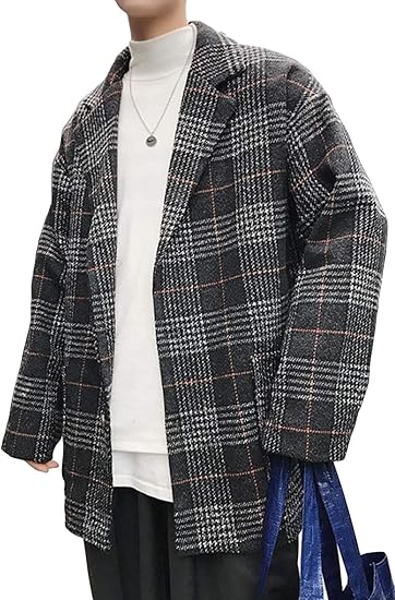 Amazon Debangni メンズ ロング テーラードジャケット 長袖 秋冬 チェック柄 ラシャコート 無地 襟付き 紳士服 フォーマル チェスターコート ゆったり 大きい 通勤 オフィス ビジネス アウター カジュアル 韓国 コート ジャケット 通販