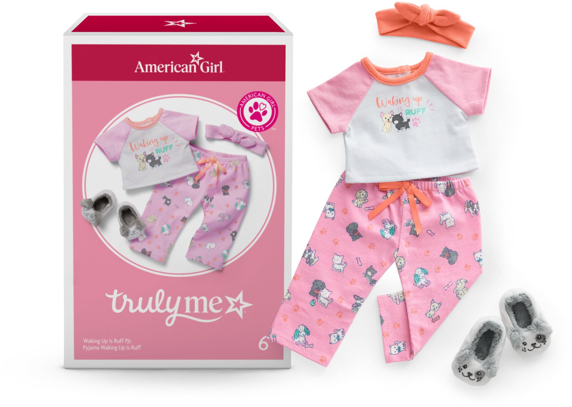 American Girl Truly Me 18-inch Doll Waking Up is Ruff PJs Outfit with Plush Slippers and Knotted Headband, for Ages 6+
