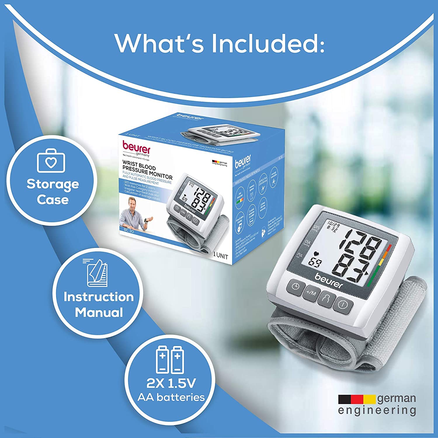 Beurer Wrist Blood Pressure Machine with Adjustable Blood Pressure Cuff - Automatic & Digital Wrist Blood Pressure Monitor, 2x60 Memory Reading, XL LCD Display - Home BP Monitor, BC30