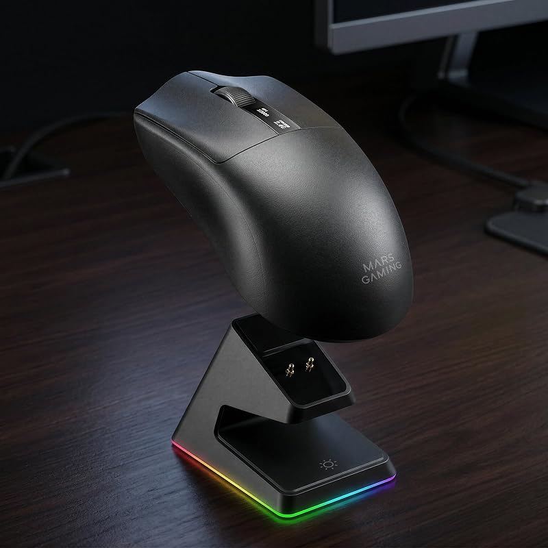 MMW-Elite, rato gaming sem fios, Bluetooth 5.4 + 2.4GPRO + Cabo, sensor ótico PixArt PAW3311PRO 20000 dpi, Ultralight 69g, 6 botões, ecrã OLED, base de carregamento magnético RGB, preto