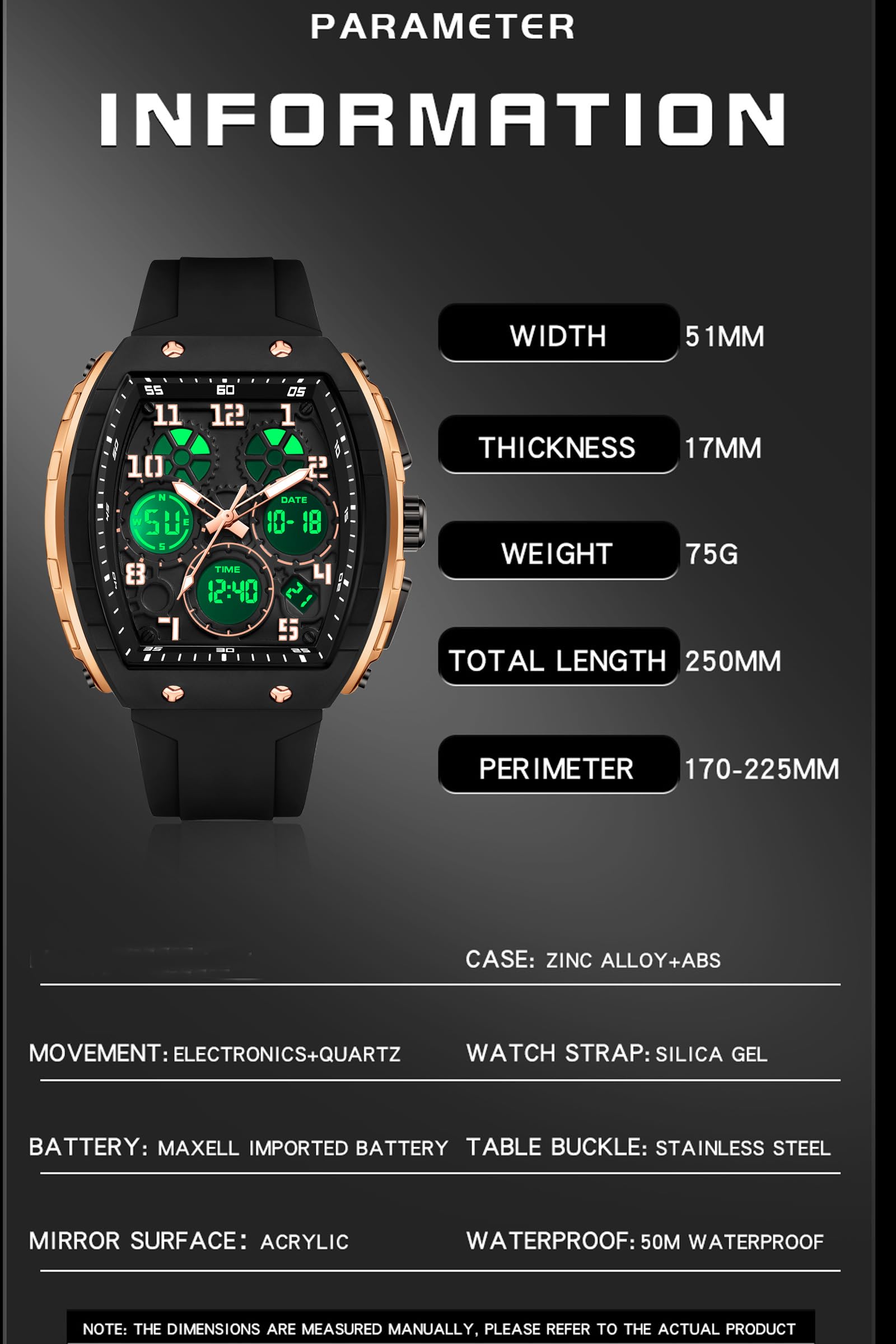 findtime Rectangular Men's Watch Cool Design Creative Men's Watches Digital Analogue Quartz Wrist Watch with Double Time Timer Stopwatch 5ATM Waterproof White Sports Watch