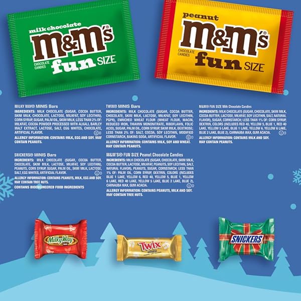 M&M’S MILK CHOCOLATE & PEANUT, SNICKERS, TWIX & MILKY WAY FUN SIZE MINI CHOCOLATE CANDY VARIETY PACK, CHRISTMAS CANDY INDIVIDUALLY WRAPPED STOCKING STUFFERS, 160-PIECE BULK BAG